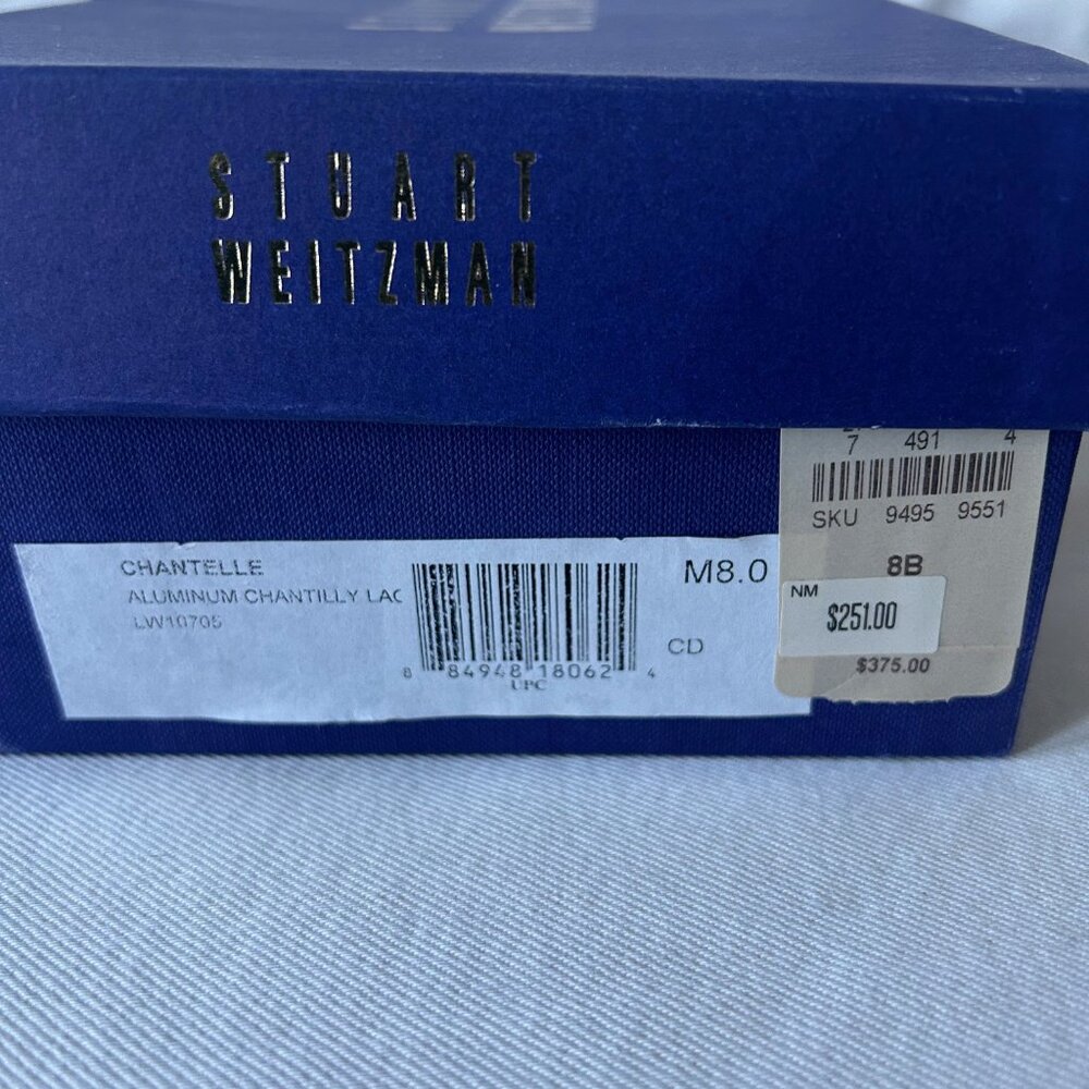 STUART WEITZMAN Silver Heels PEEPTOE PUMPS "CHANTELLE" SWISS LACE Size 8M - Picture 7 of 11